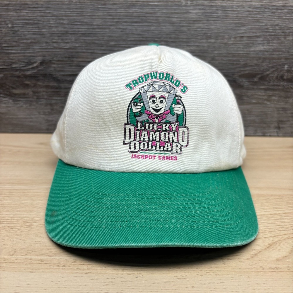 VINTAGE TropWorld Casino Hat Cap Snap Back White Green Lucky Diamond Mens 90s